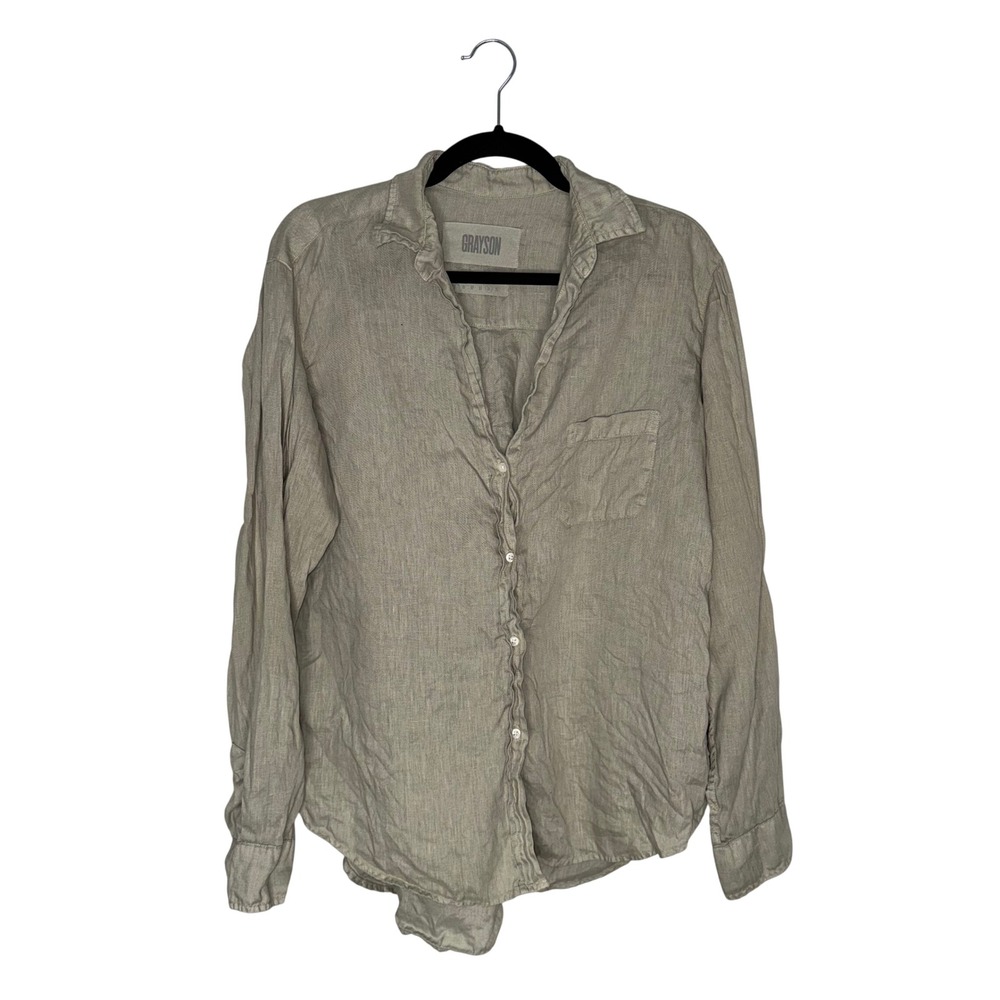 Grayson The Hero Button Up Shirt Womens Sage Green Good 100% Linen Long Sleeve